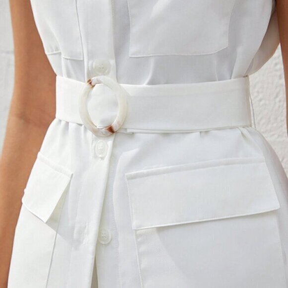 White Casual Women's Flip Pocket Front Sleeveless Top And Shorts Set - Picture 8 of 9